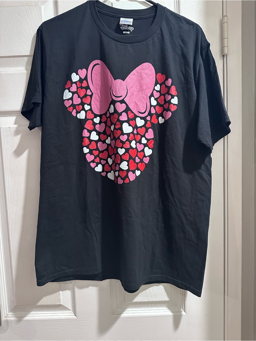 Disney x Port & Company Black Tee with Pink Bow Minnie Heart Graphic
